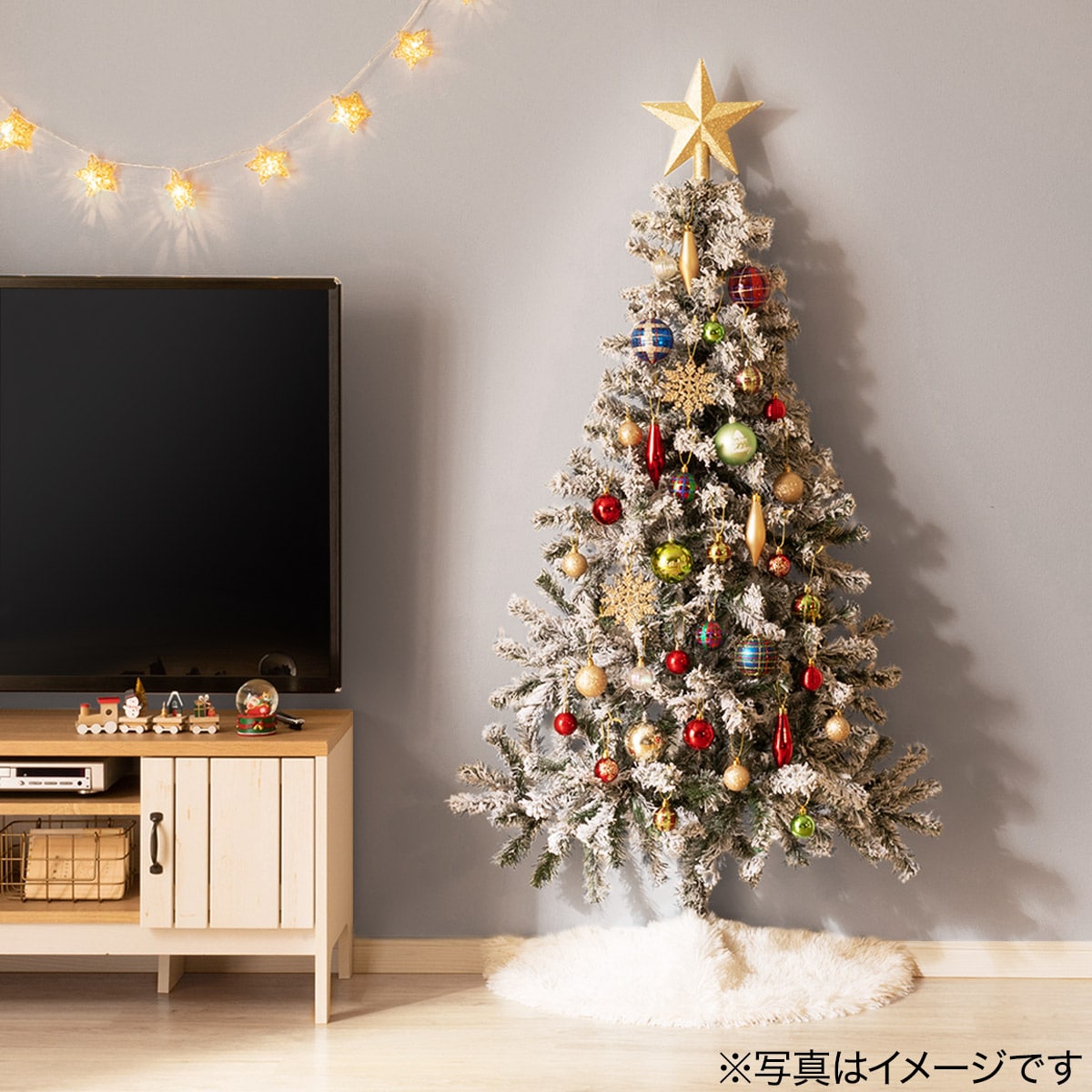 [150cm]スノークリスマスツリー(ハーフ省スペースツリー) オーナメントセット22◆RED×GREEN